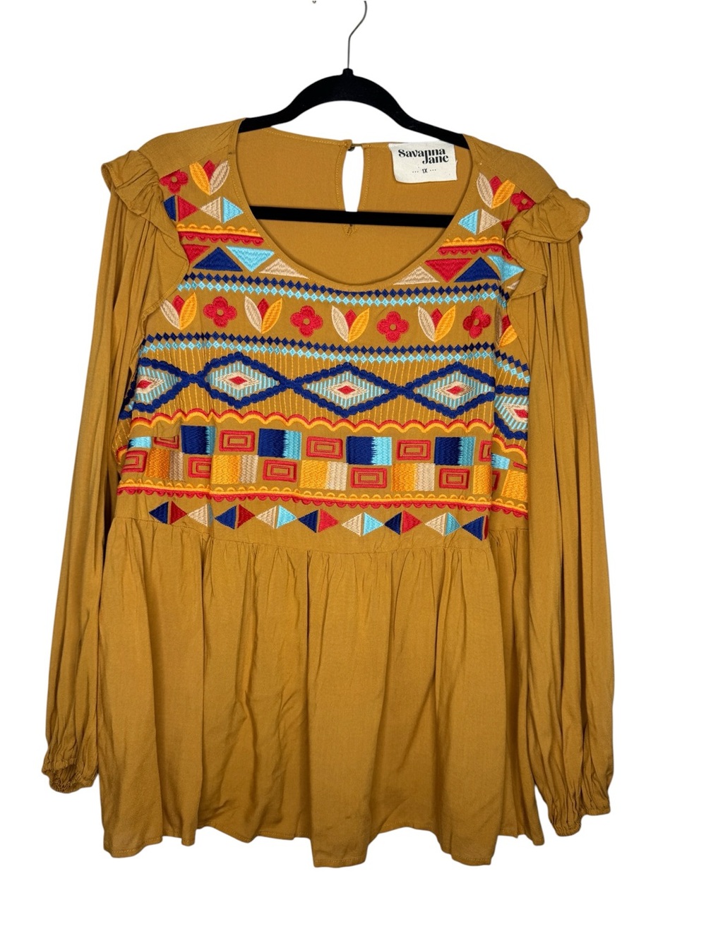 SAVANNA JANE / mustard yellow gold boho embroidered long sleeve blouse top / 1X